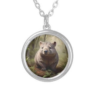 Aussie Wombat In The Aussie Bushland, Silver Plated Necklace