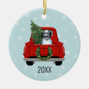 Aussiedoodle Christmas Red Truck Snowflakes Custom Ceramic Ornament