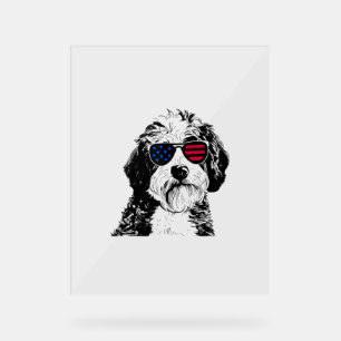 Aussiedoodle Dog 4th July America USA Flag Acrylic Sign