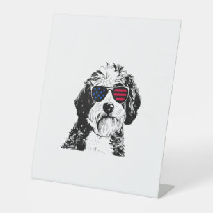 Aussiedoodle Dog 4th July America USA Flag Pedestal Sign