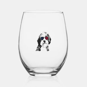 Aussiedoodle Dog 4th July America USA Flag Stemless Wine Glass