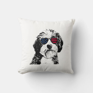 Aussiedoodle Dog 4th July America USA Flag Throw Pillow