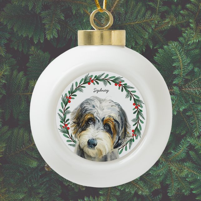Aussiedoodle Dog Personalized Holiday Wreath Ceramic Ball Christmas Ornament (Add name or other short text, or delete text if not required.)