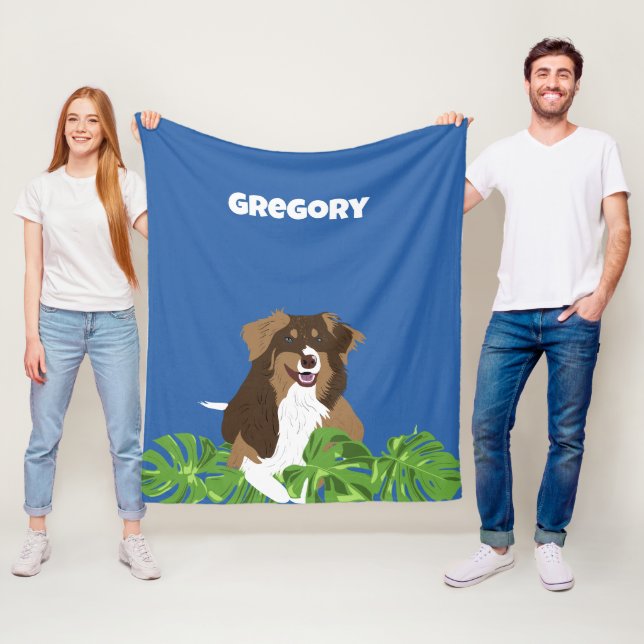 Aussies Australian Shepherd Dogs Tropical Leaves Fleece Blanket (In Situ)