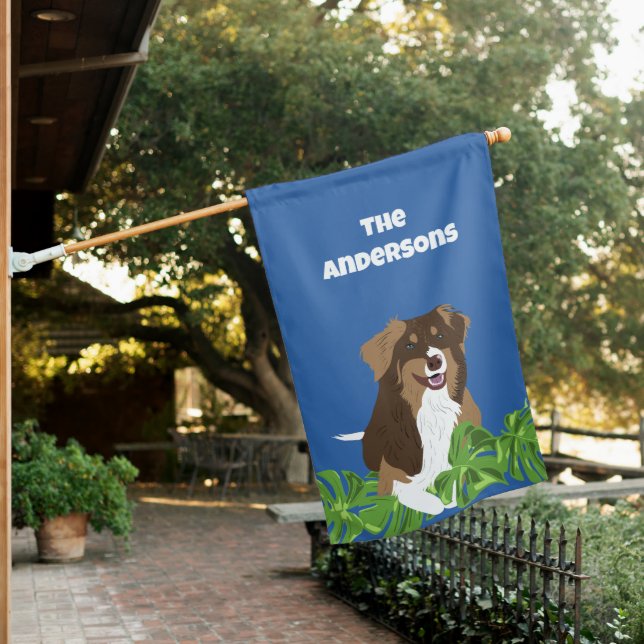 Aussies Australian Shepherd Dogs Tropical Leaves House Flag (In SItu)