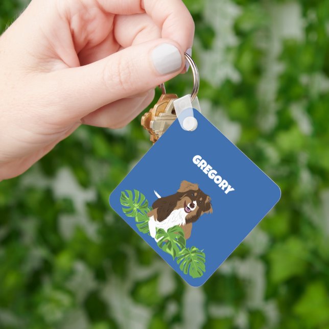 Aussies Australian Shepherd Dogs Tropical Leaves Keychain (Hand)