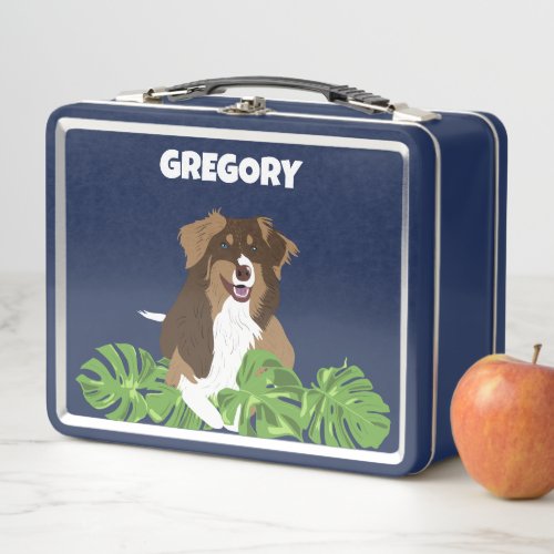 Aussies Australian Shepherd Dogs Tropical Leaves Metal Lunch Box