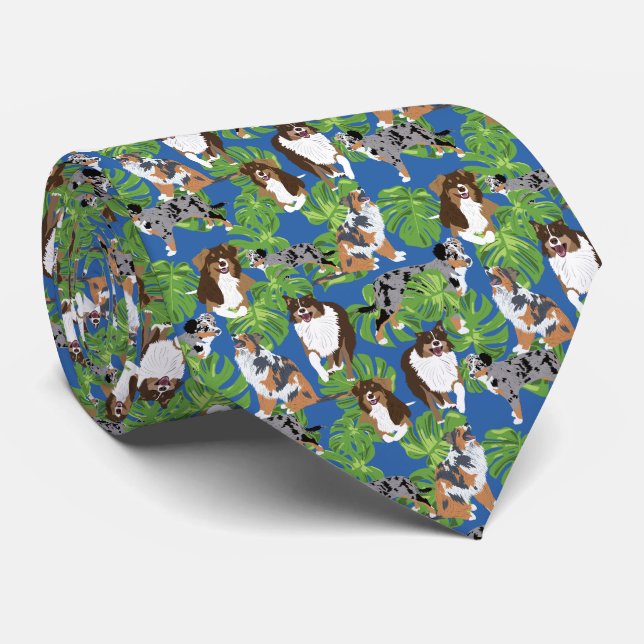 Aussies Australian Shepherd Dogs Tropical Leaves Neck Tie (Rolled)