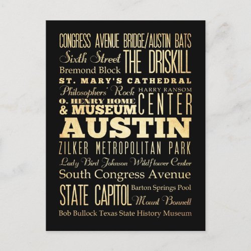 Austin City of Texas State Typography Art Postcard