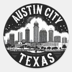 Austin City Texas Skyline Retro Black & White Art Classic Round Sticker