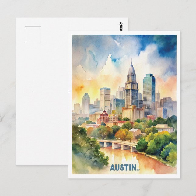 Austin City Watercolor Painting Postcard (Front/Back)