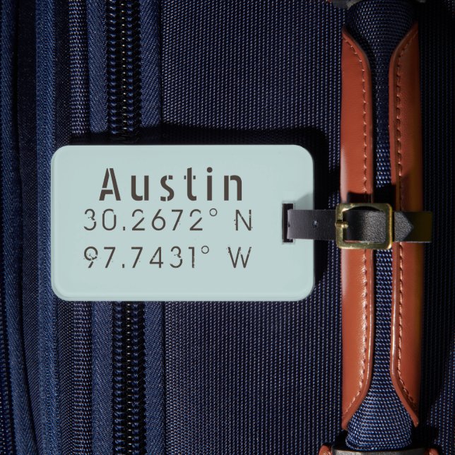 Austin Latitude Longitude Customizable Luggage Tag (Front Insitu 4)