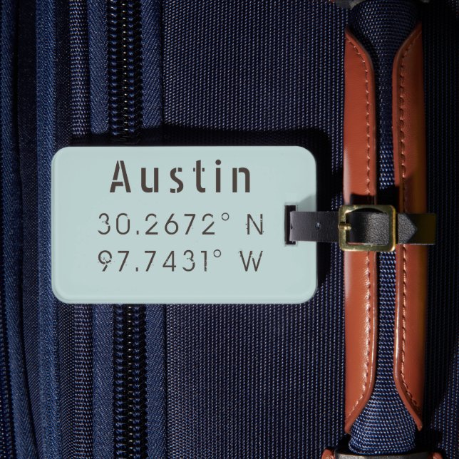 Austin Latitude Longitude Luggage Tag (Front Insitu 4)