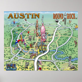 Austin Round Rock Texas Fun Map Poster