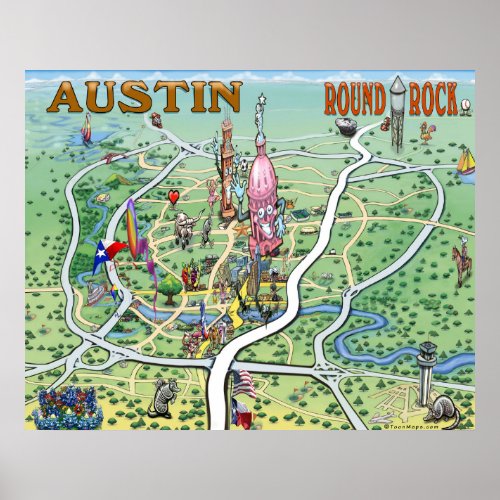 Austin Round Rock Texas Fun Map Poster