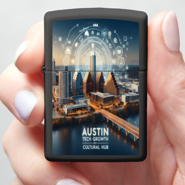 Austin Skyline at Dusk: Tech Hub Glow Zippo Lighter (In Hand)