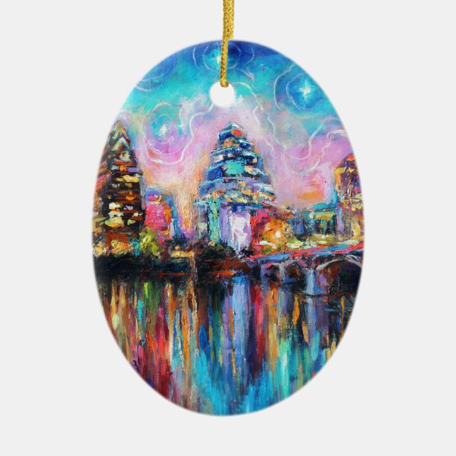 Austin Skyline at night cityscape Art gifts Ceramic Ornament (Front)