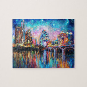 Austin Skyline at night cityscape Art gifts Jigsaw Puzzle