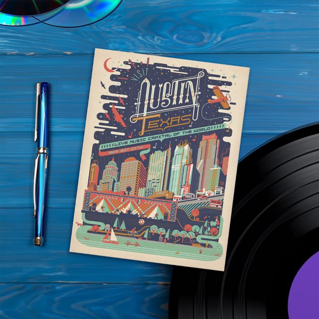 Austin, Texas - AKA: Bat City Postcard (Card on table)