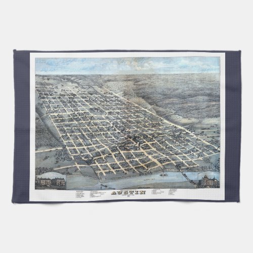 Austin Texas Antique Aerial City Map from 1873 Kitchen Towel