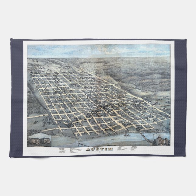 Austin, Texas Antique Aerial City Map from 1873 Kitchen Towel (Horizontal)