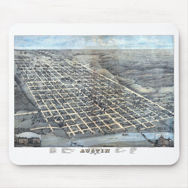 Austin, Texas Antique Aerial City Map from 1873 Mouse Pad (Front)