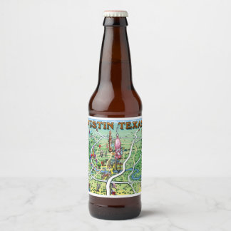 Austin Texas Cartoon Map Beer Bottle Label