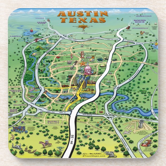 Austin Texas Cartoon Map Beverage Coaster (Front)