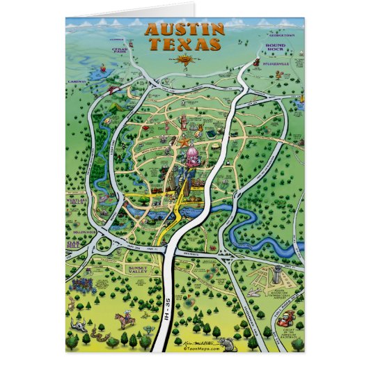 Austin Texas Cartoon Map Cards (Front)