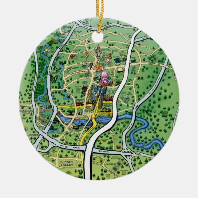 Austin Texas Cartoon Map Ceramic Ornament (Front)