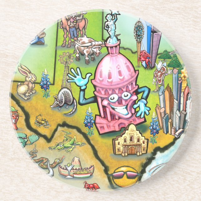 Austin Texas Cartoon Map Drink Coaster (Front)