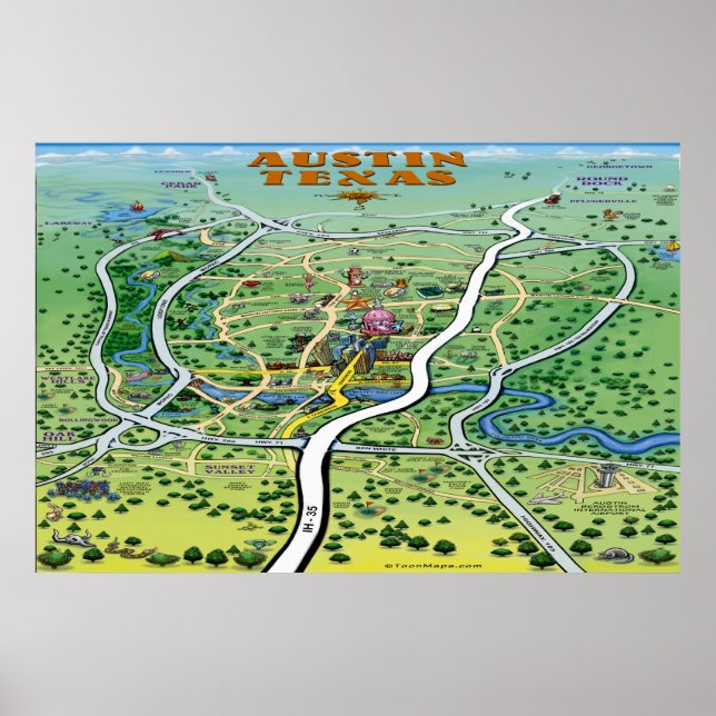 Austin Texas Cartoon Map Large Poster (Front)