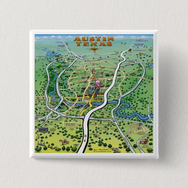 Austin Texas Cartoon Map Pinback Button (Front)