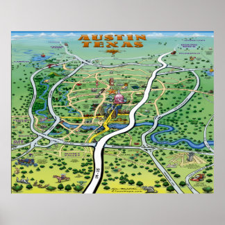 Austin Texas Cartoon Map Poster