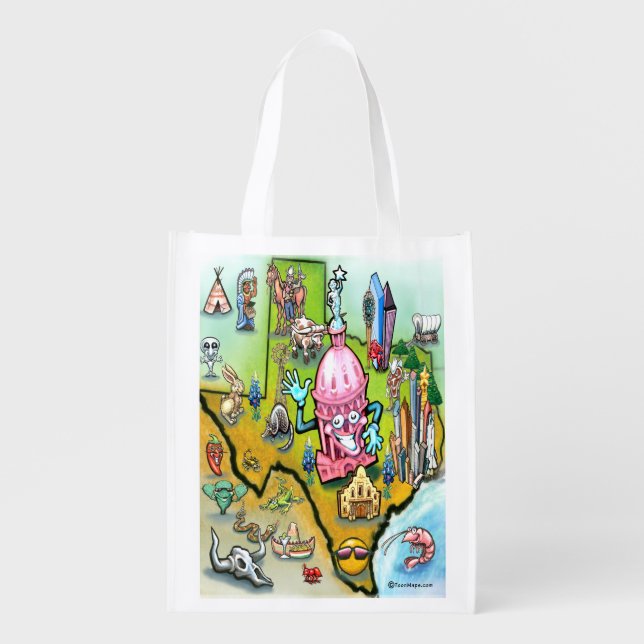 Austin Texas Cartoon Map Reusable Grocery Bag (Front)