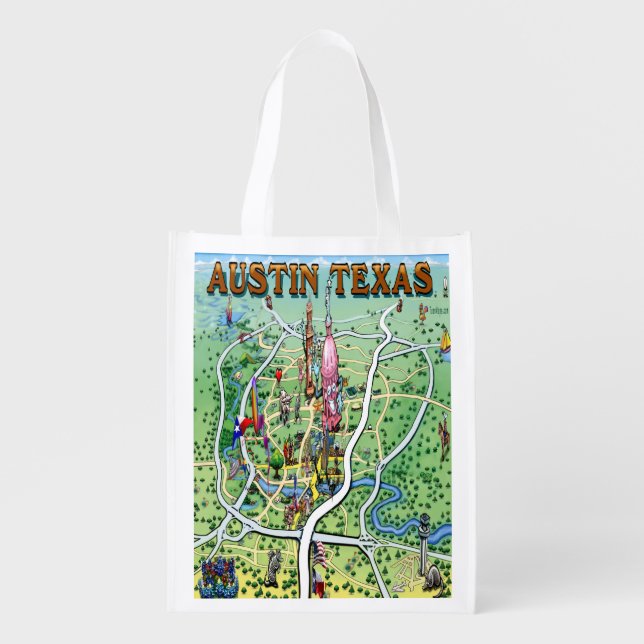 Austin Texas Cartoon Map Reusable Grocery Bag (Front)
