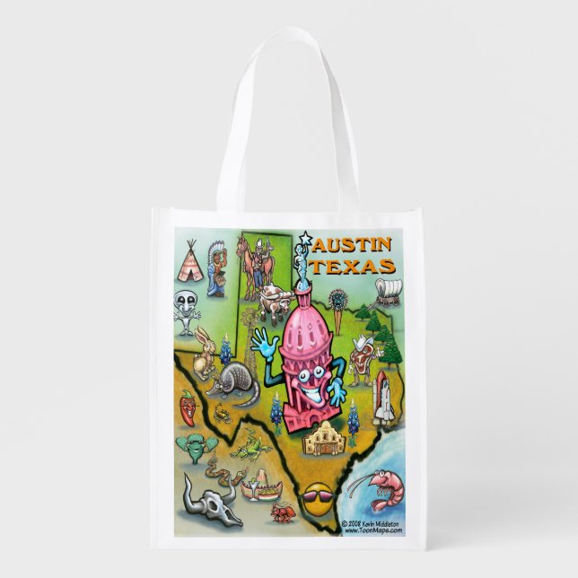 Austin Texas Cartoon Map Reusable Grocery Bag (Front)