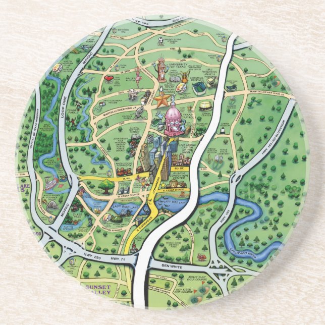 Austin Texas Cartoon Map Sandstone Coaster (Front)