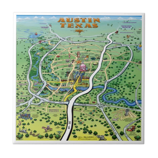 Austin Texas Cartoon Map Tile (Front)