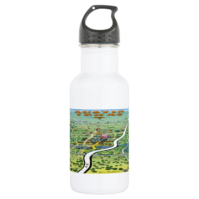 Austin Texas Cartoon Map Water Bottle (Front)