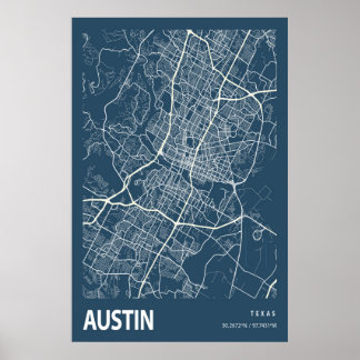 Austin Texas City Map Line Art Blue Print