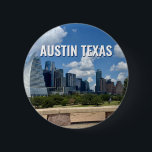 Austin Texas City Skyline Photography Button<br><div class="desc">This modern Austin Texas button features beautiful blue sky and clouds above the city skyline. All of the new buildings against the pretty green trees that epitomizes the beauty of the urban downtown and nature of the place. Great travel keepsake gift for a visitor or a local Austinite that likes...</div>