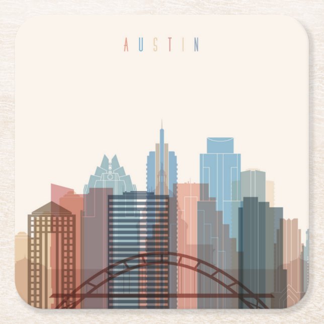 Austin, Texas | City Skyline Square Paper Coaster (Front)