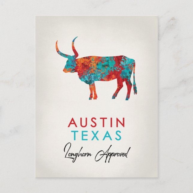 Austin Texas Colorful Longhorn Postcard (Front)