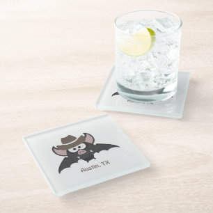 Austin Texas Cute Cartoon Cowboy Bat Glass Coaster