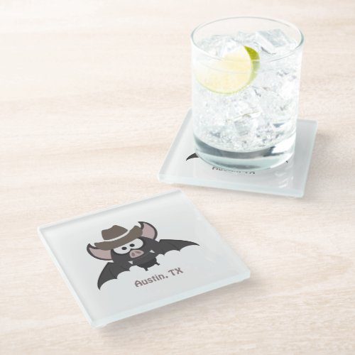 Austin Texas Cute Cartoon Cowboy Bat Glass Coaster