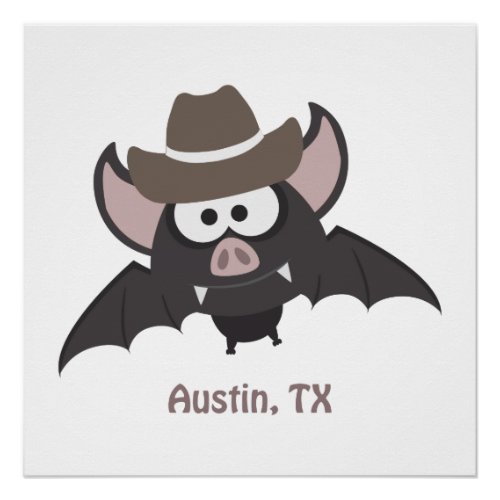 Austin Texas Cute Cartoon Cowboy Bat Poster