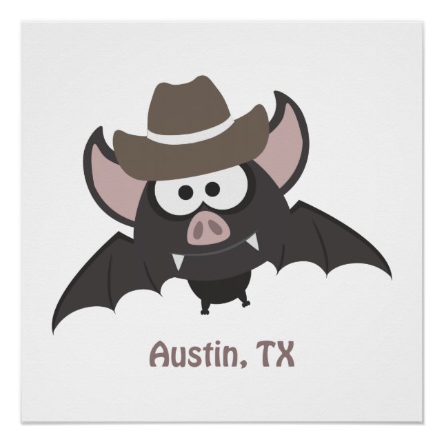 Austin Texas Cute Cartoon Cowboy Bat Poster (Front)