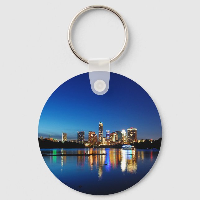 Austin Texas Downtown Night Skyline Ladybird Lake Keychain (Front)