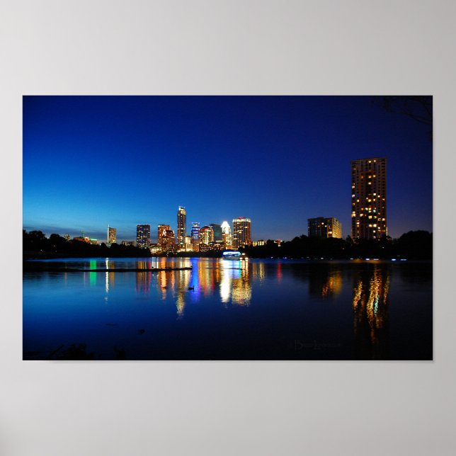 Austin Texas Downtown Night Skyline Ladybird Lake Poster (Front)